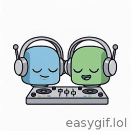AI-generated animated GIF: 2 robot dj heads bobbing white bg