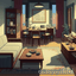 AI-generated animated GIF: a living room in dimmed light soviet style