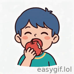 AI-generated animated GIF: anime kid eating an apple white background