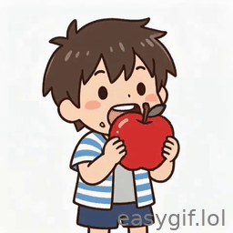 AI-generated animated GIF: anime kid eating an apple white bg