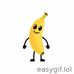 AI-generated animated GIF: banana emoji with arms and legs smiling white bg