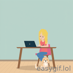 AI-generated animated GIF: blond girl working with cute beige dog