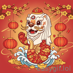 AI-generated animated GIF: cartoon singapore merlion cny style dances