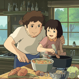 AI-generated animated GIF: Brother and sister cooking together Ghibli style