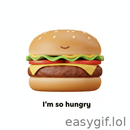 AI-generated animated GIF: burger emoji says Im so hungry white background