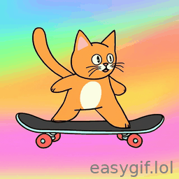 AI-generated animated GIF: cat riding a skateboard rainbow background