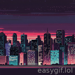 AI-generated animated GIF: city skyline glitch art