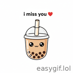 AI-generated animated GIF: cute boba says i miss you heart emoji white bg