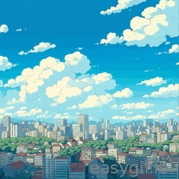 AI-generated animated GIF: ghibli style clouds pass slowly over the city