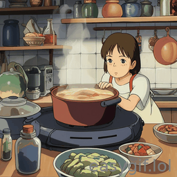 AI-generated animated GIF: ghibli style pot simmering in kitchen