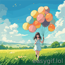 AI-generated animated GIF: girl running in field with balloons anime style