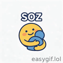 AI-generated animated GIF: hugging emoji says soz white bg