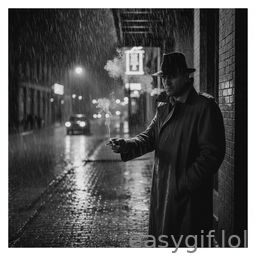 AI-generated animated GIF: man smokes in the rain movie noir style