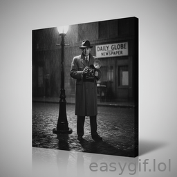 AI-generated animated GIF: man takes a photograph movie noir style