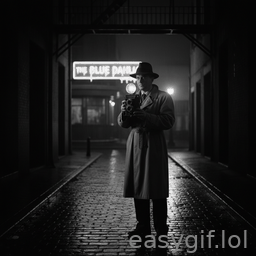 AI-generated animated GIF: man takes a picture movie noir style