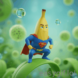 AI-generated animated GIF: nano banana as superman flying in the air