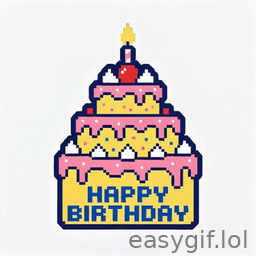 AI-generated animated GIF: pixel art cake happy birthday text white bg