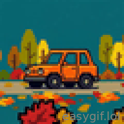 AI-generated animated GIF: pixel art Dingo car driving through autumn leaves