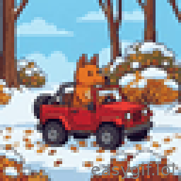 AI-generated animated GIF: pixel art Dingo car driving through winter leaves