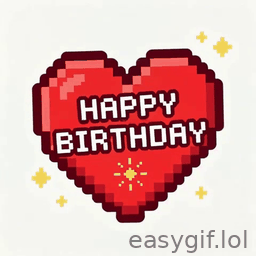 AI-generated animated GIF: pixel art heart happy birthday text white bg