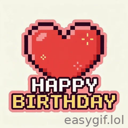 AI-generated animated GIF: pixel art heart happy birthday text