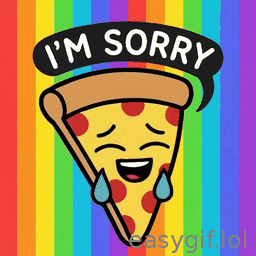 AI-generated animated GIF: pizza emoji says im sorry tears rainbow background