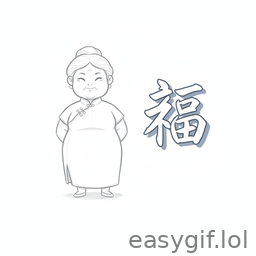 AI-generated animated GIF: cartoon chinese aunty qipao 福 text white bg
