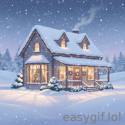 AI-generated animated GIF: snow falling over house xmas time anime style
