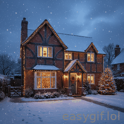 AI-generated animated GIF: snow over house xmas time