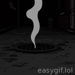 AI-generated animated GIF: steaming from manhole dark alley film noir style