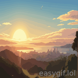 AI-generated animated GIF: Sun rising over san francisco Ghibli style