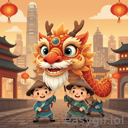 AI-generated animated GIF: cartoon dragon dance in hong kong